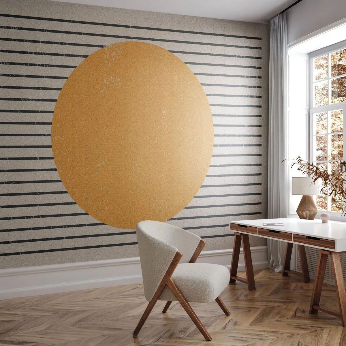 Fototapeta Premium Sand - Geometryczny minimalizm z żółtym kołem i czarnymi liniami - 100x70cm - Siła prostoty - Nowoczesna dekoracja ścienna do salonu, kuchni i sypialni ARTTOR