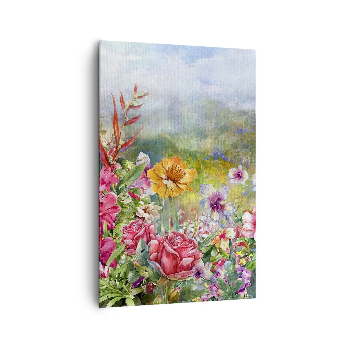 Obraz na płótnie - Barwna kompozycja kwiatów na tle pejzażu w pastelowych kolorach - 80x120cm - Ogród, który oszalał - Nowoczesna dekoracja ścienna do salonu i sypialni ARTTOR
