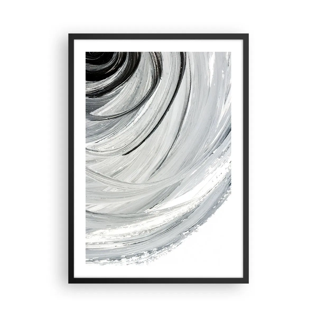 Plakat w czarnej ramie - Dynamiczna abstrakcja w odcieniach czerni, bieli i szarości - 50x70cm - Kompozycja orbitalna - Nowoczesna dekoracja ścienna do salonu i sypialni ARTTOR