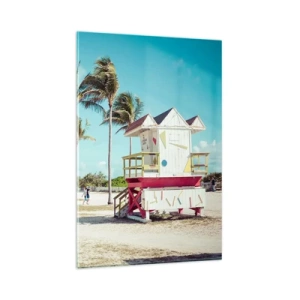 Obraz na szkle - Plaża z palmami i wieżą ratowniczą w tle - 80x120cm - Przed tobą piękny dzień - Nowoczesna dekoracja ścienna do salonu i sypialni ARTTOR