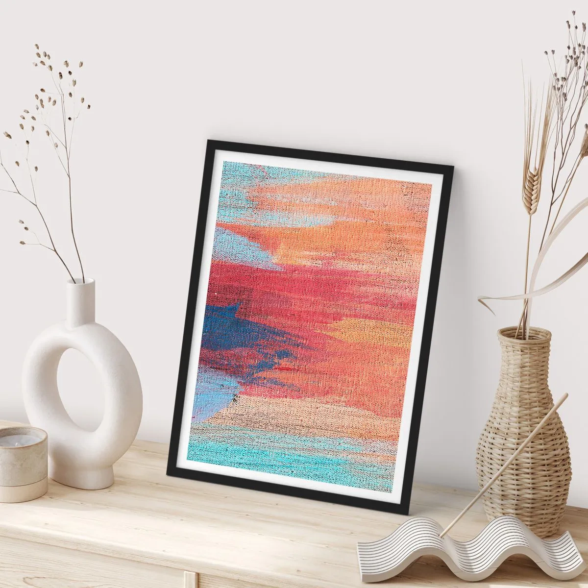 Plakat w czarnej ramie - Abstrakcyjne pociągnięcia farbą w ciepłych i zimnych tonach - 50x70cm - Spłynąć tęczą - Nowoczesna dekoracja ścienna do salonu i sypialni ARTTOR