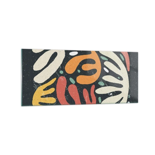 Obraz na szkle - Abstrakcyjne kształty w ciepłych kolorach na ciemnym tle - 120x50cm - Kompozycja – zaraz cię schwytam - Nowoczesna dekoracja ścienna do salonu i sypialni ARTTOR