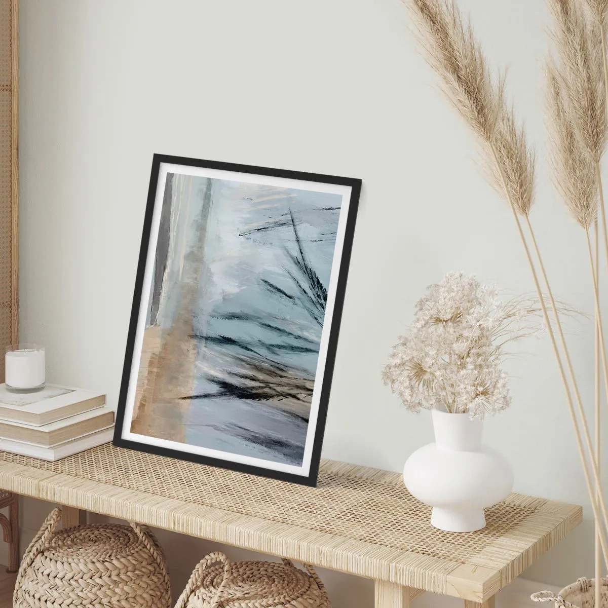 Plakat w czarnej ramie - Delikatna abstrakcja inspirowana naturą w stonowanych barwach - 50x70cm - Zimowe pola - Nowoczesna dekoracja ścienna do salonu i sypialni ARTTOR