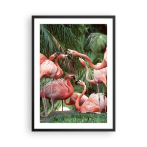 Plakat w czarnej ramie - Różowe flamingi w egzotycznym otoczeniu palm - 50x70cm - Popołudniowe ploteczki - Nowoczesna dekoracja ścienna do salonu i sypialni ARTTOR