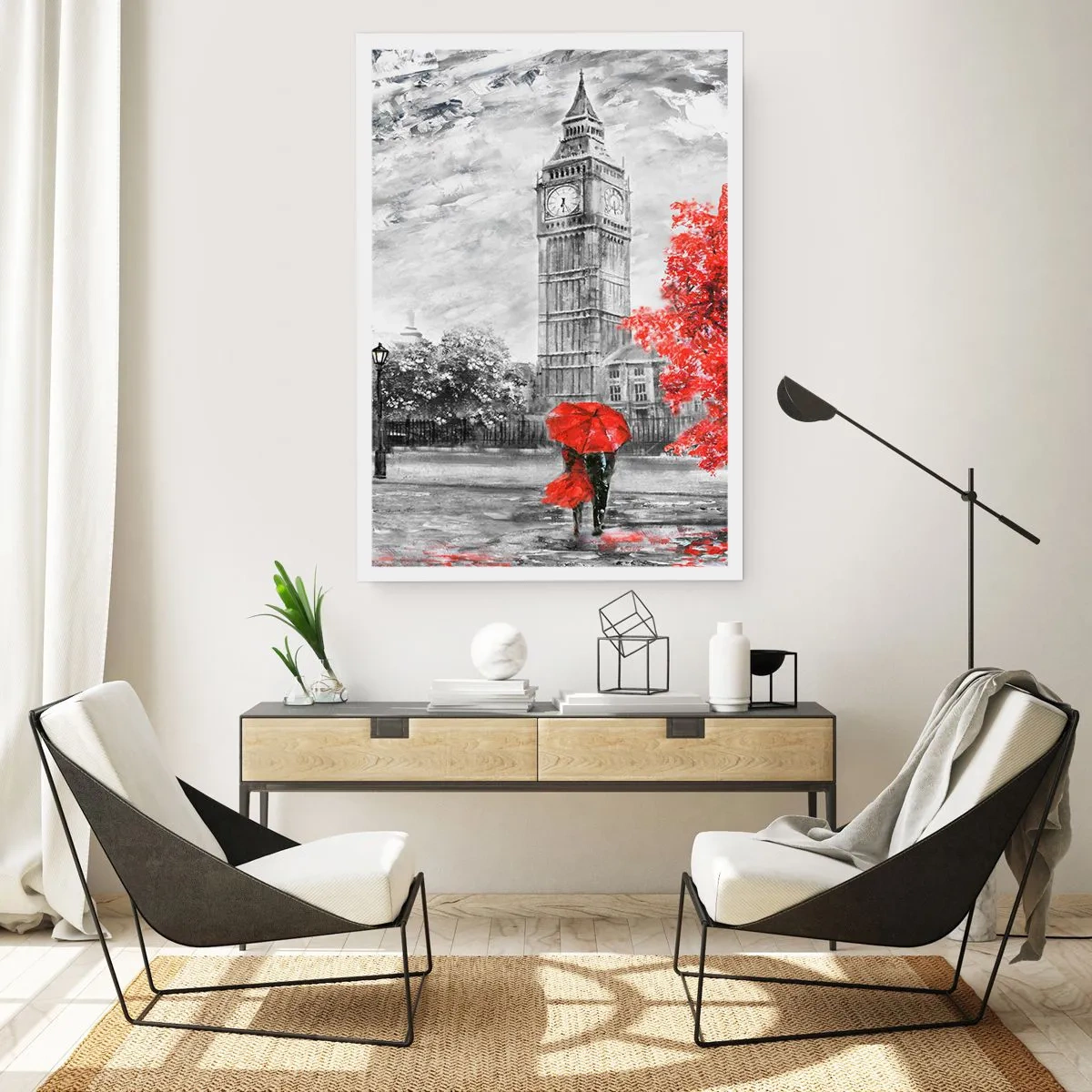 Plakat - Wieża zegarowa z czerwonym parasolem - 50x70cm - Ekscytujący dzień - Nowoczesna dekoracja ścienna do salonu, kuchni i sypialni ARTTOR