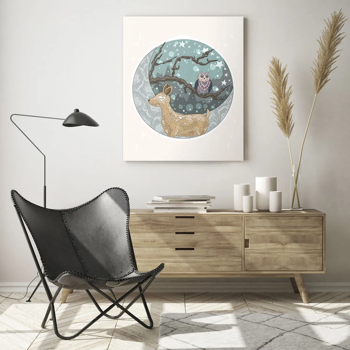 Obraz na szkle - Ilustracja sarny i sowy w magicznej scenerii - 50x70cm - Bajkowa, leśna noc - Nowoczesna dekoracja ścienna do salonu, kuchni i sypialni ARTTOR