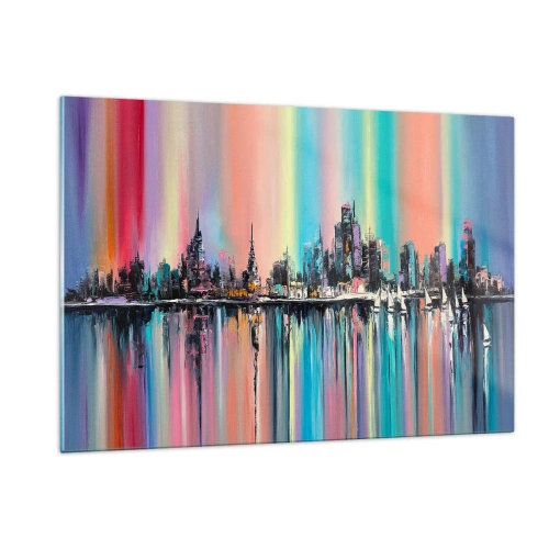Obraz na szkle - Abstrakcyjna panorama miasta z wielobarwnym tłem - 120x80cm - Spłynąć światłem nocy - Nowoczesna dekoracja ścienna do salonu, kuchni i sypialni ARTTOR
