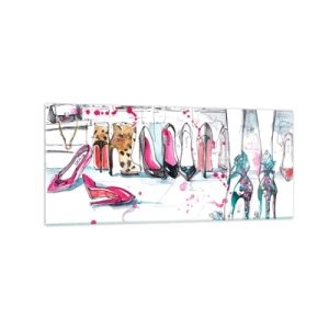 Obraz na szkle - Artystyczna grafika z butami na wysokim obcasie i akcesoriami - 120x50cm - Sezamie, otwórz się - Nowoczesna dekoracja ścienna do salonu i sypialni ARTTOR