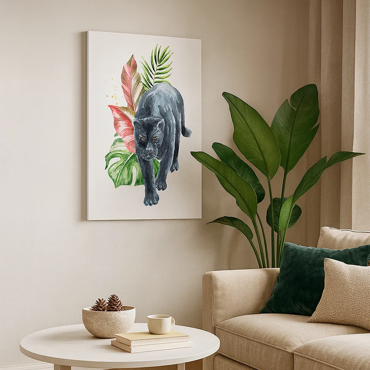 Obraz na płótnie - Czarna pantera na tle tropikalnych liści - 50x70cm - Dzikość serca - Nowoczesna dekoracja ścienna do salonu, kuchni i sypialni ARTTOR