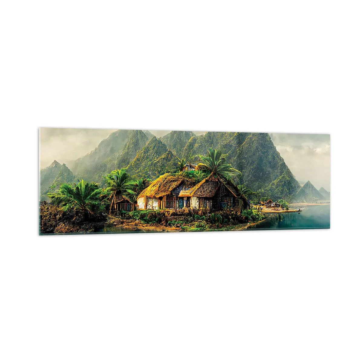 Obraz na szkle - Tropikalna wyspa z palmami i górami w tle - 160x50cm - Tropikalny raj - Nowoczesna dekoracja ścienna do salonu i sypialni ARTTOR
