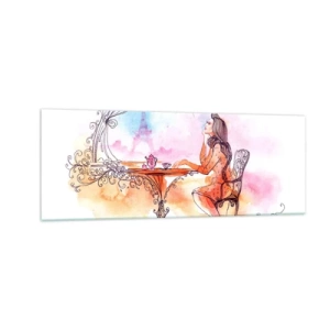 Obraz na szkle - Romantyczna akwarela kobiety w kawiarni z widokiem na wieżę - 140x50cm - Paryski szyk - Nowoczesna dekoracja ścienna do salonu i sypialni ARTTOR