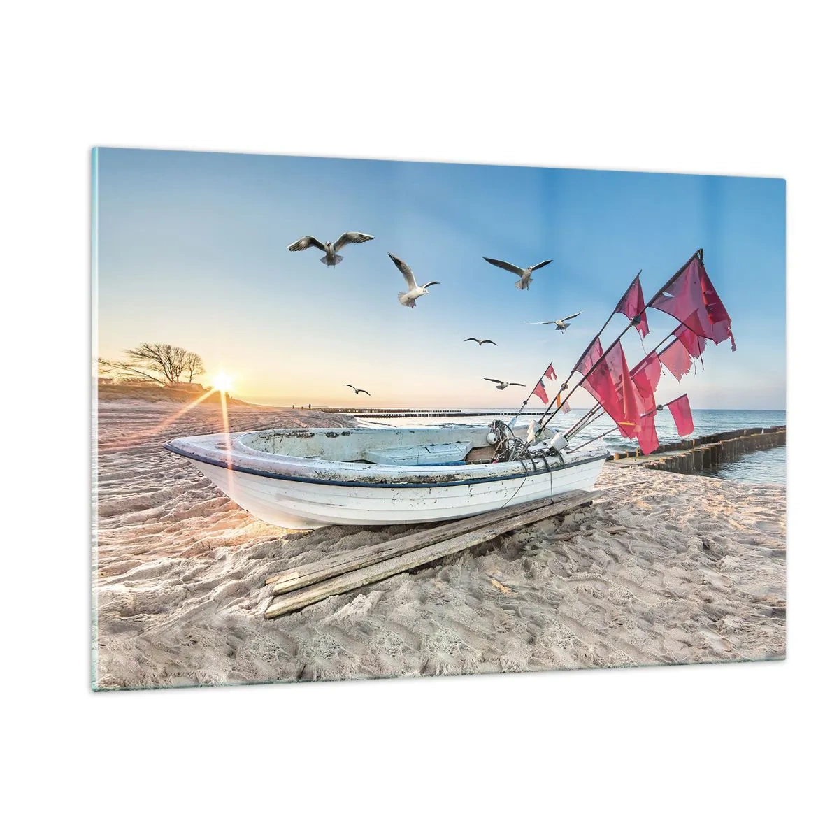 Obraz na szkle - Łódź rybacka na plaży o wschodzie słońca - 120x80cm - Zasłużony odpoczynek - Nowoczesna dekoracja ścienna do salonu, kuchni i sypialni ARTTOR