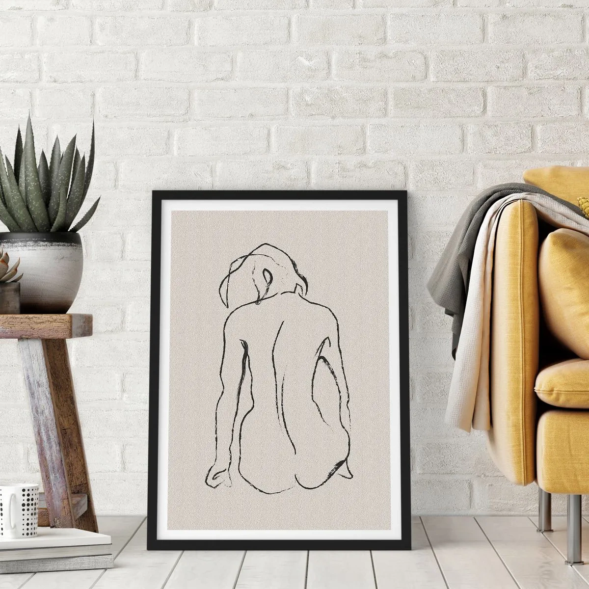 Plakat w czarnej ramie - Minimalistyczny szkic nagiej kobiety siedzącej tyłem - 50x70cm - Akt dziewczęcy - Nowoczesna dekoracja ścienna do salonu i sypialni ARTTOR