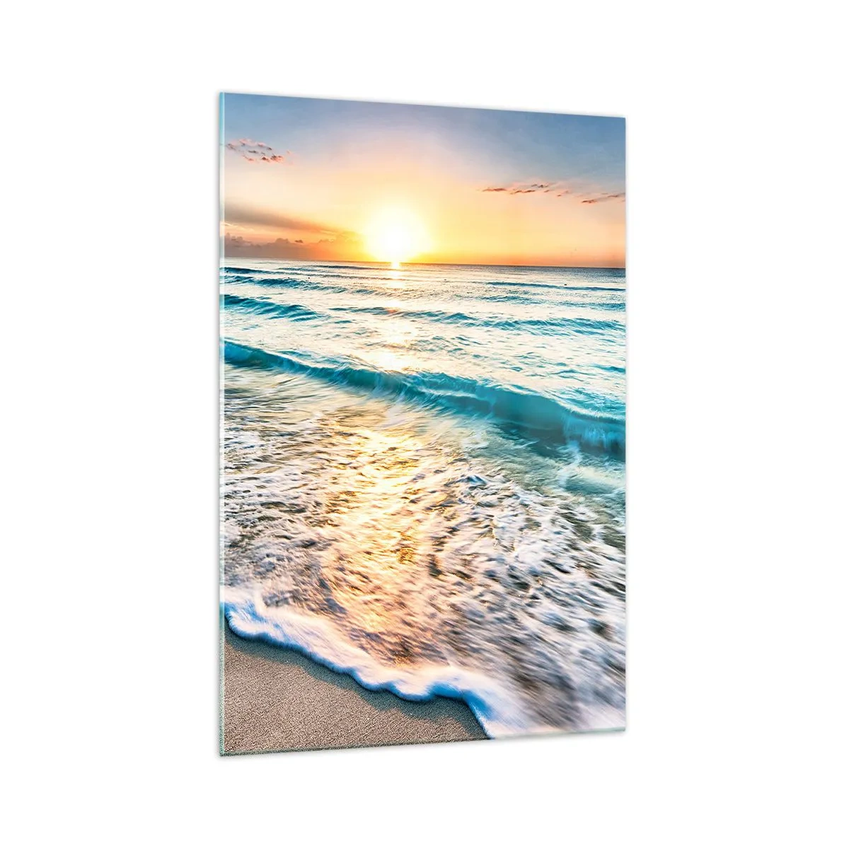 Obraz na szkle - Wschód słońca nad spokojną plażą z falami - 70x100cm - Widok wart zachodu - Nowoczesna dekoracja ścienna do salonu i sypialni ARTTOR