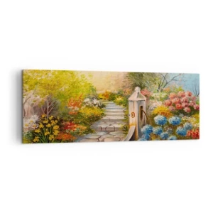 Obraz na płótnie - Malowniczy ogród z fontanną i kolorowymi kwiatami - 140x50cm - W pełnym rozkwicie - Nowoczesna dekoracja ścienna do salonu i sypialni ARTTOR