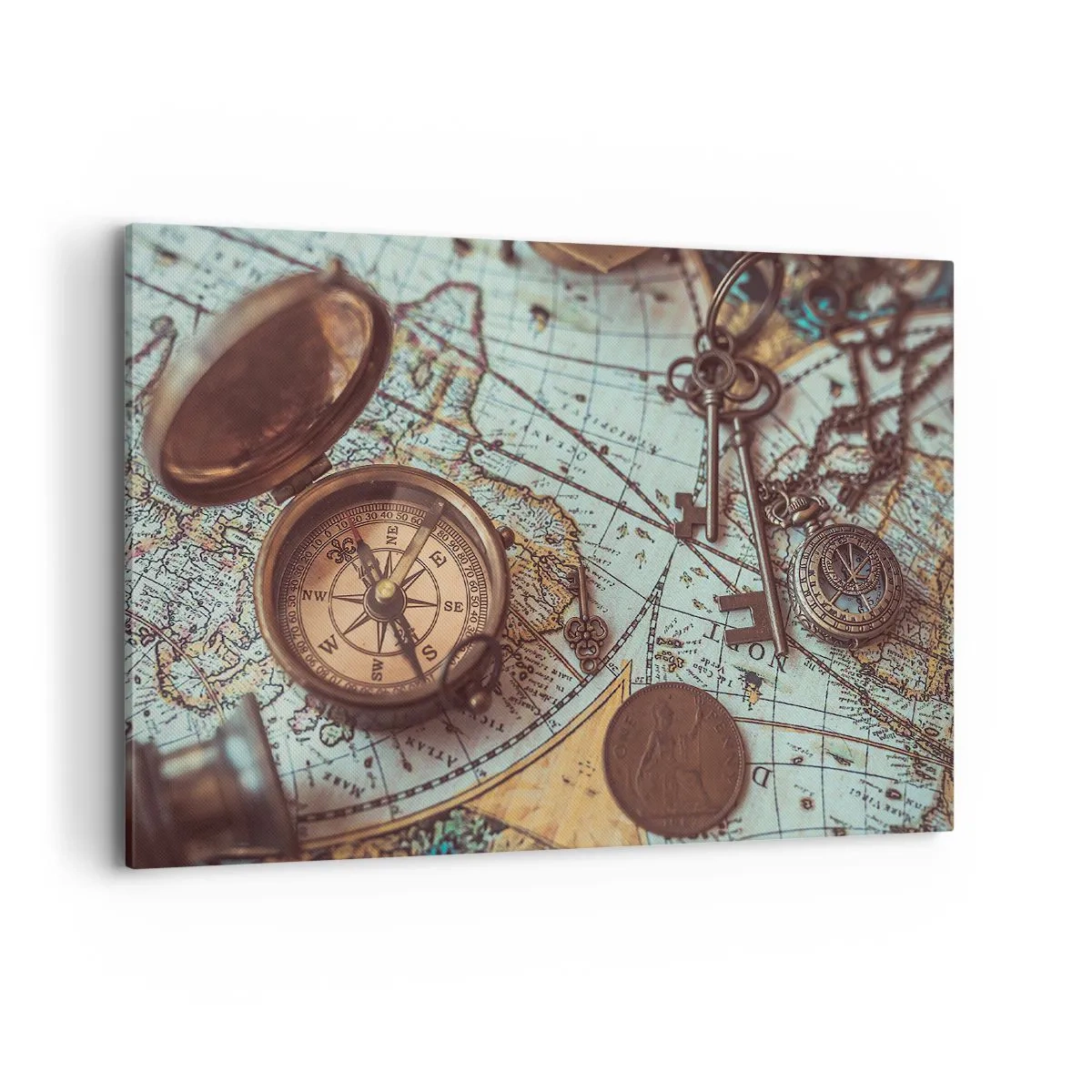 Obraz na płótnie - Kompozycja z kompasem, kluczami i starą mapą w stylu retro - 100x70cm - Dla poszukiwacza przygód - Nowoczesna dekoracja ścienna do salonu, kuchni i sypialni ARTTOR