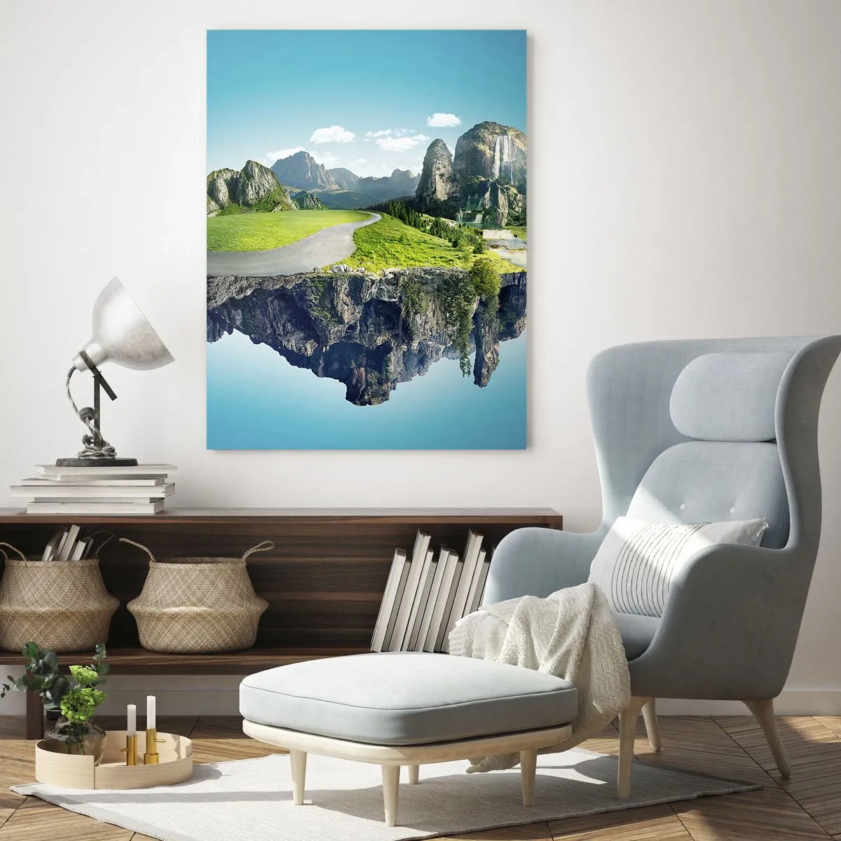 Obraz na szkle - Latająca wyspa z górami, wodospadem i zielenią - 50x70cm - Fantastyczna wyspa - Nowoczesna dekoracja ścienna do salonu, kuchni i sypialni ARTTOR