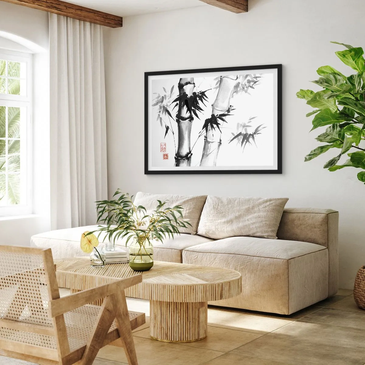 Plakat w czarnej ramie - Akwarelowy bambus w japońskim stylu na białym tle - 100x70cm - Zbliżenie na orient - Nowoczesna dekoracja ścienna do salonu i sypialni ARTTOR