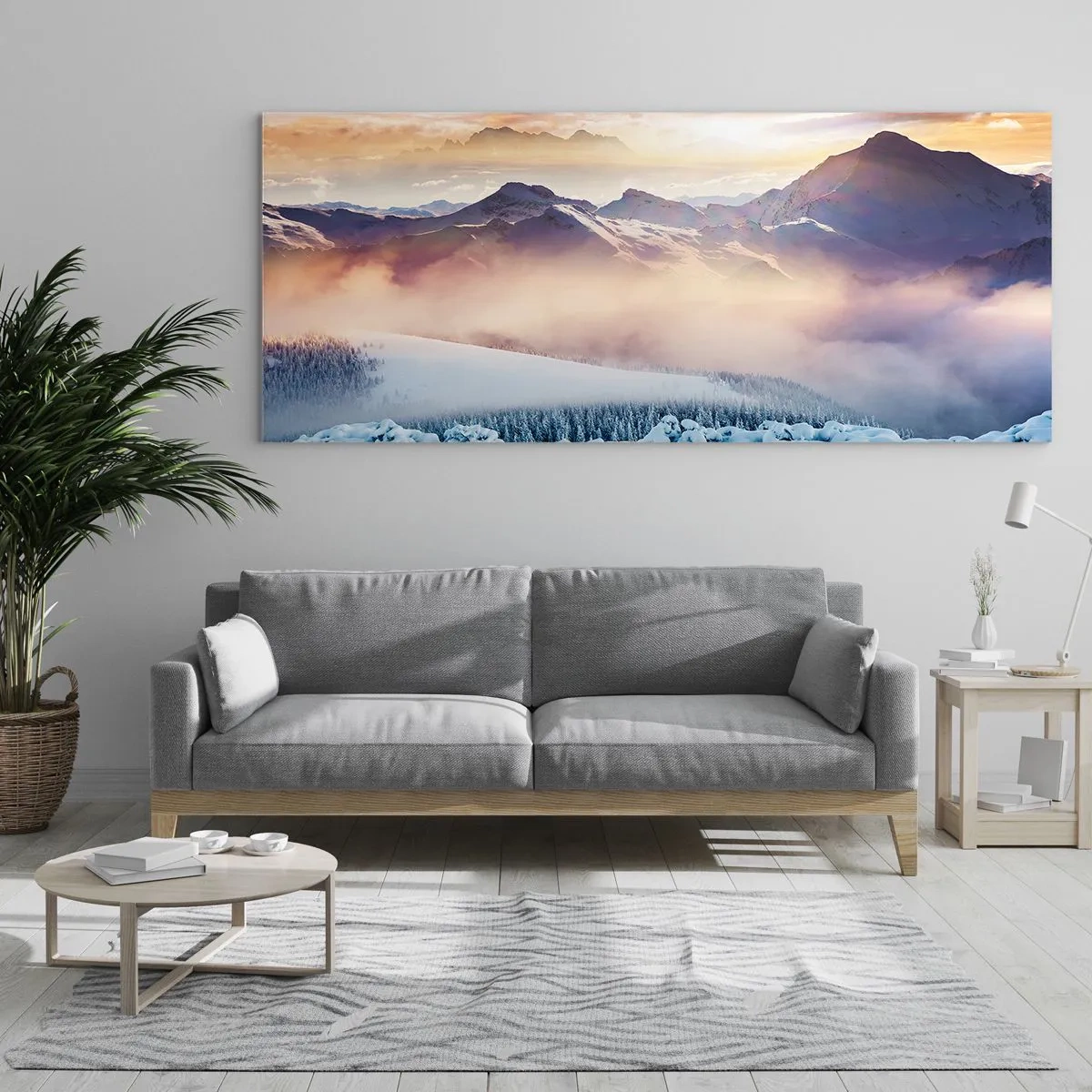 Obraz na szkle - Zaśnieżone góry o świcie z kolorowym niebem - 160x50cm - Siła i czystość natury - Nowoczesna dekoracja ścienna do salonu i sypialni ARTTOR