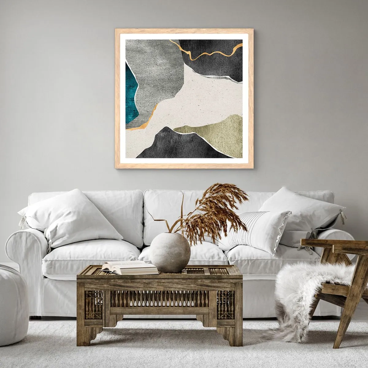 Plakat w ramie jasny dąb - Mozaikowa kompozycja z nitką złota - 40x40 cm