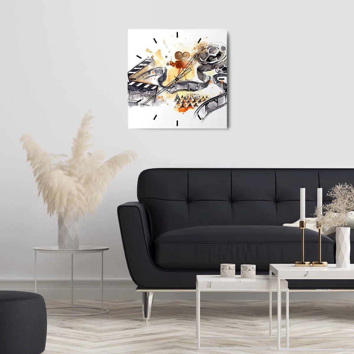 Zegar ścienny - Symbolika kina z filmową taśmą w artystycznej akwareli - 30x30cm - W krainie snów - Nowoczesna dekoracja ścienna do salonu i sypialni ARTTOR