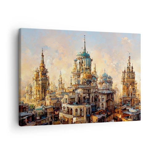 Obraz na płótnie - Architektoniczne wieże w promieniach zachodzącego słońca - 70x50cm - Miasto miast - Nowoczesna dekoracja ścienna do salonu i sypialni ARTTOR