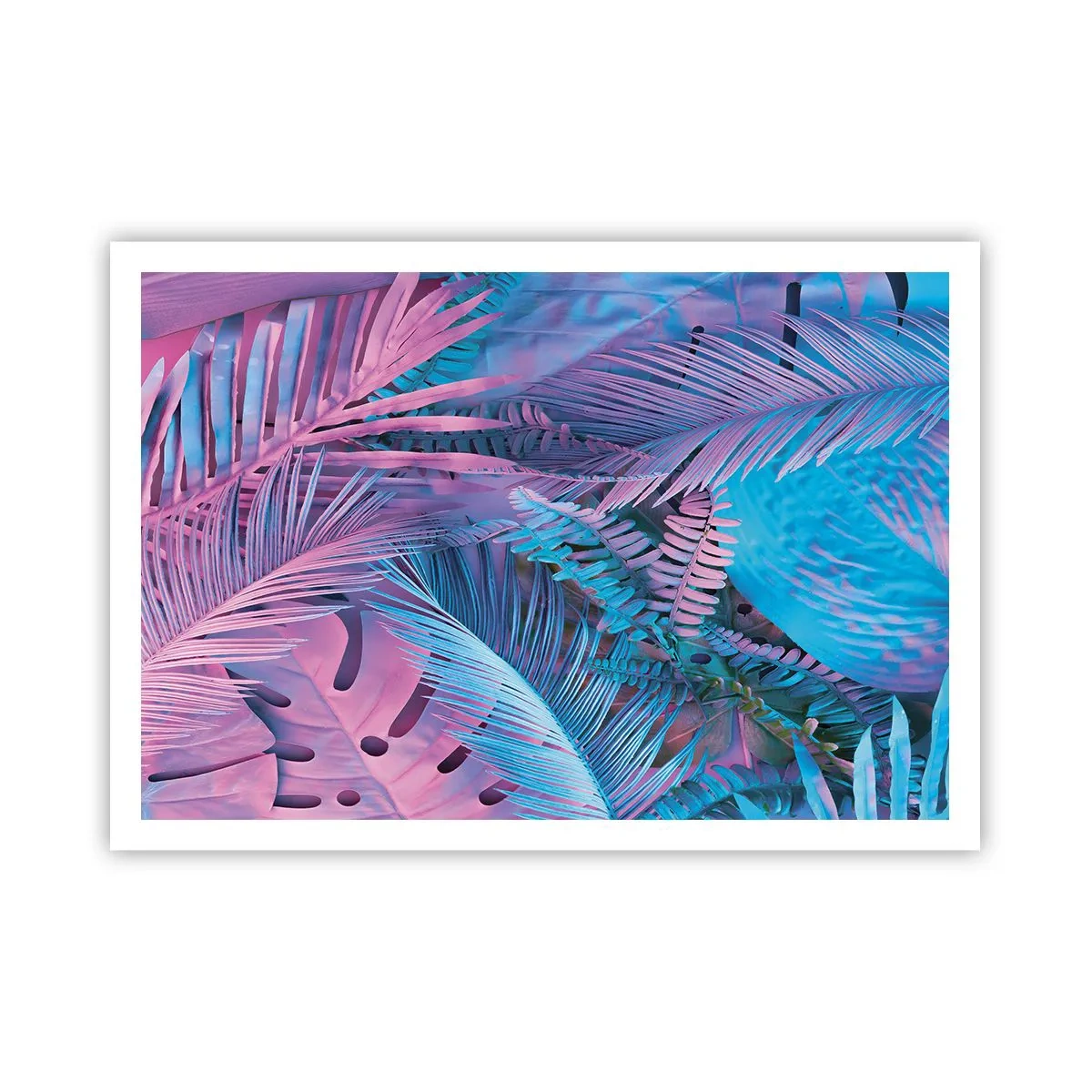 Plakat - Tropikalne liście w odcieniach różu i błękitu - 100x70cm - Tropiki w różu i błękicie - Nowoczesna dekoracja ścienna do salonu i sypialni ARTTOR