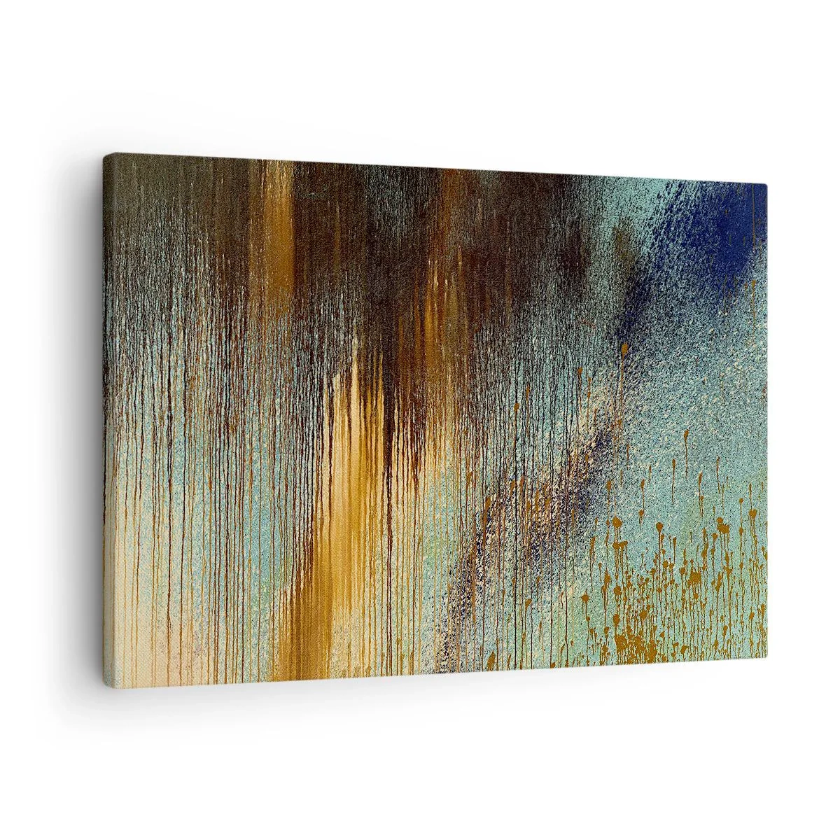 Obraz na płótnie - Abstrakcyjna kompozycja barw w odcieniach złota, brązu i błękitu - 70x50cm - Nieprzypadkowa barwna kompozycja - Nowoczesna dekoracja ścienna do salonu i sypialni ARTTOR