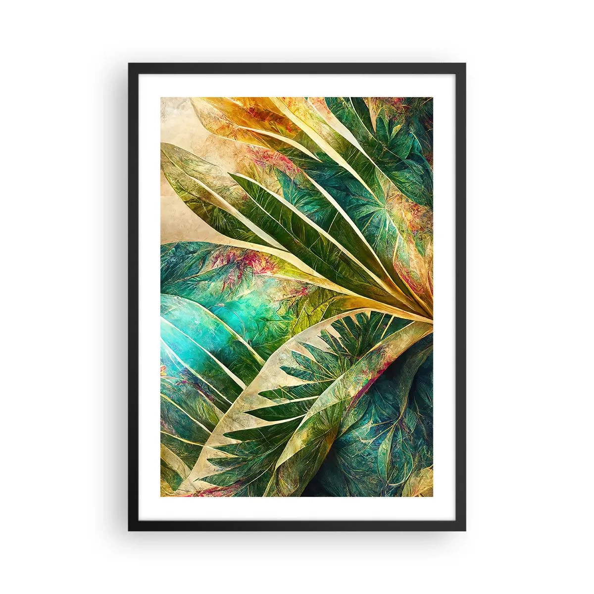 Plakat w czarnej ramie - Liściasta kompozycja w zielono-złotej tonacji - 50x70cm - Barwy tropików - Nowoczesna dekoracja ścienna do salonu i sypialni ARTTOR