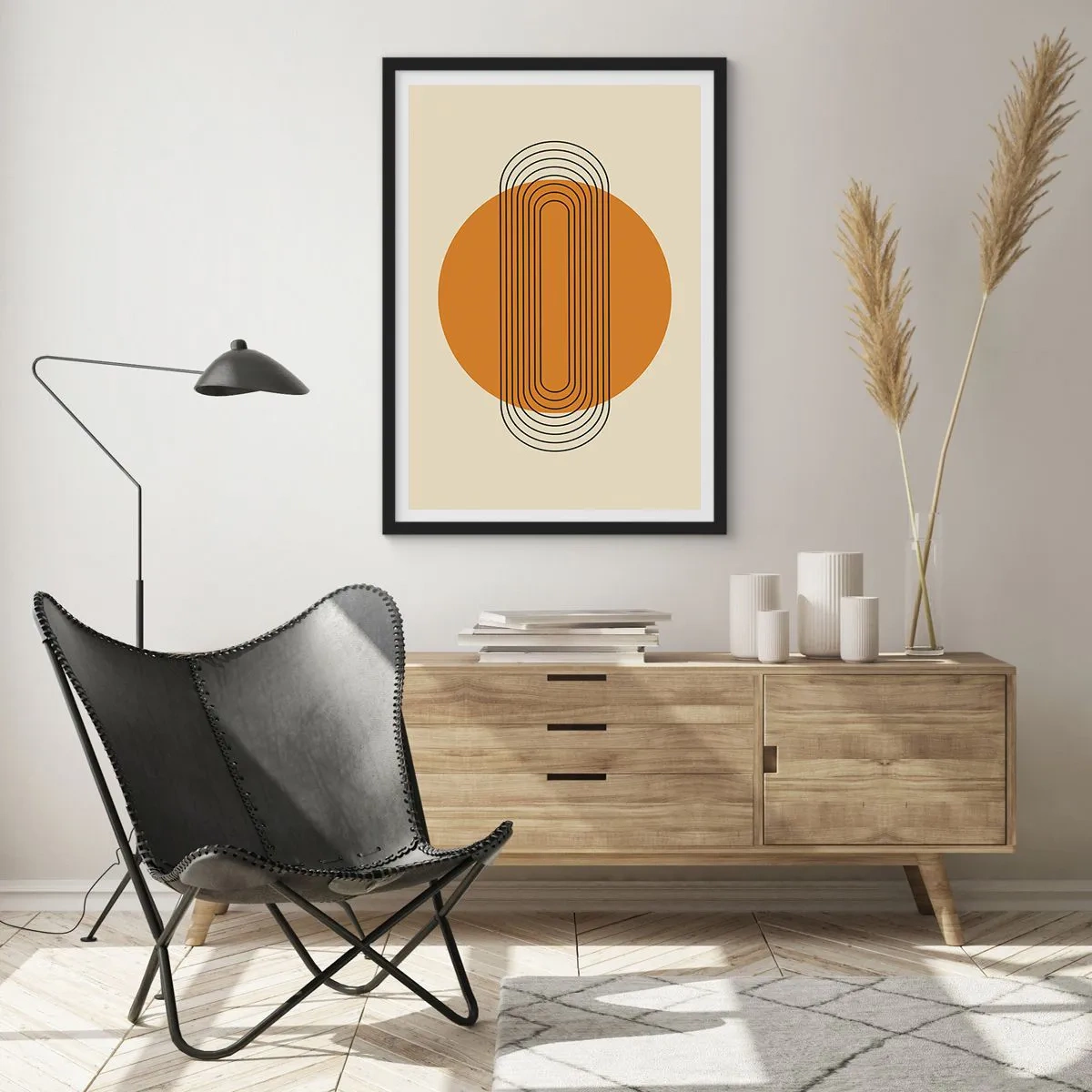 Plakat w czarnej ramie - Geometryczny wzór z pomarańczowym kołem i liniami - 50x70cm - Plan doskonały - Nowoczesna dekoracja ścienna do salonu i sypialni ARTTOR