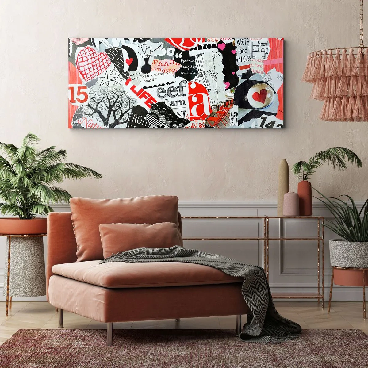 Obraz na płótnie - Kolorowy kolaż z napisami, sercami i grafikami - 140x50cm - Hipsterski kolaż - Nowoczesna dekoracja ścienna do salonu i sypialni ARTTOR