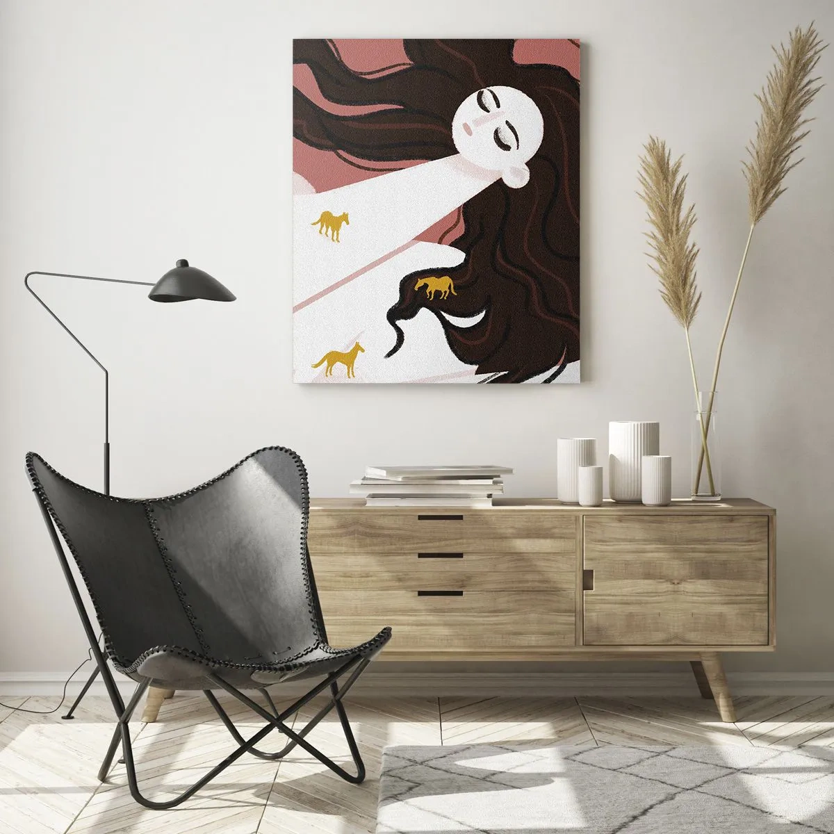 Obraz na szkle - Postać z zamkniętymi oczami otoczona złotymi końmi - 80x120cm - Sen o złotym koniu - Nowoczesna dekoracja ścienna do salonu i sypialni ARTTOR