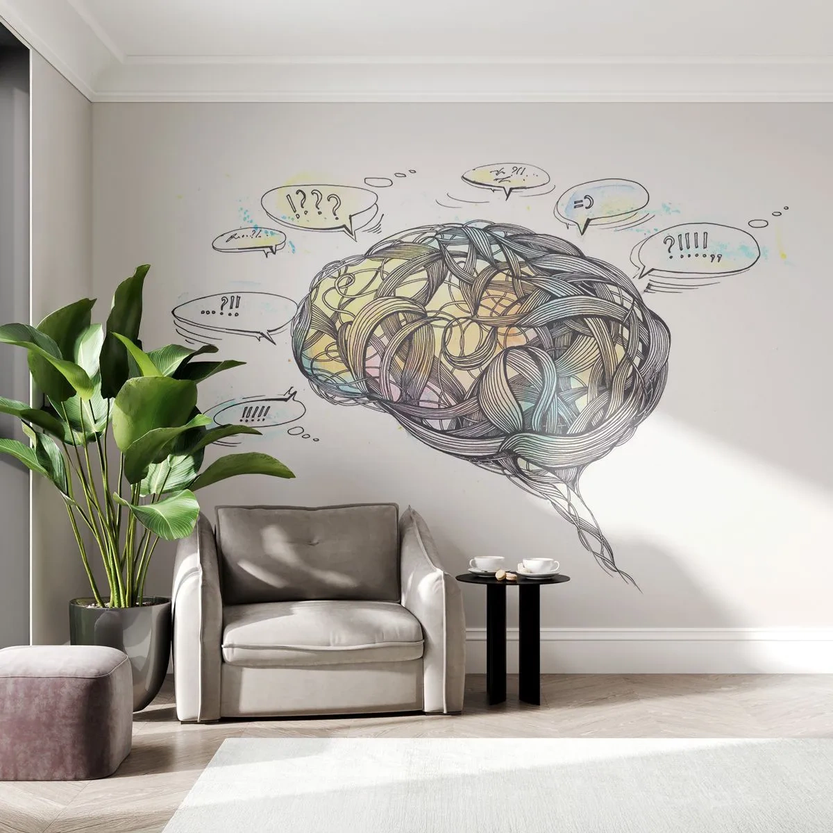 Fototapeta Standard Eco - Artystyczna ilustracja mózgu z myślami w chmurkach - 100x70cm - Człowiek - wielka zagadka - Nowoczesna dekoracja ścienna do salonu i sypialni ARTTOR