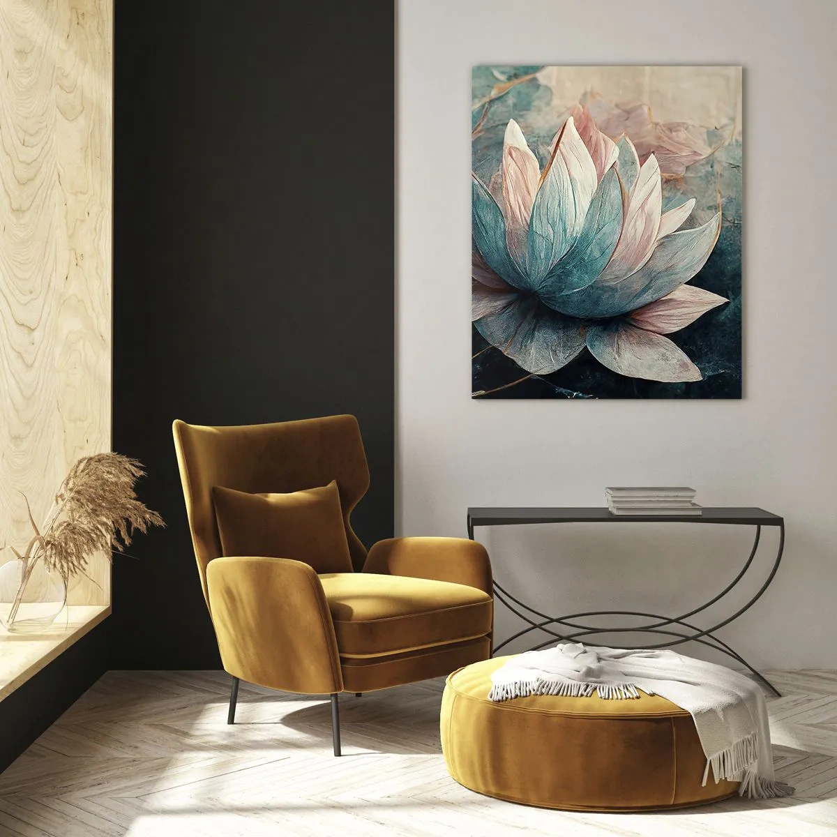Obraz na szkle - Artystyczne przedstawienie kwiatów lotosu na tle wodnych liści - 50x70cm - Gwiazdy jeziora - Nowoczesna dekoracja ścienna do salonu, kuchni i sypialni ARTTOR