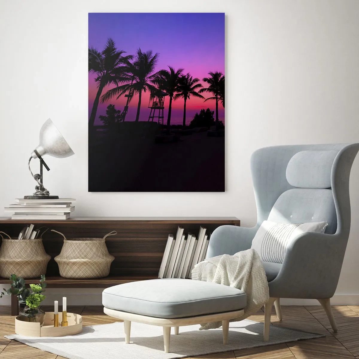 Obraz na szkle - Palmy na tle fioletowo-różowego zachodu słońca - 50x70cm - Wieczór pod palmami - Nowoczesna dekoracja ścienna do salonu, kuchni i sypialni ARTTOR