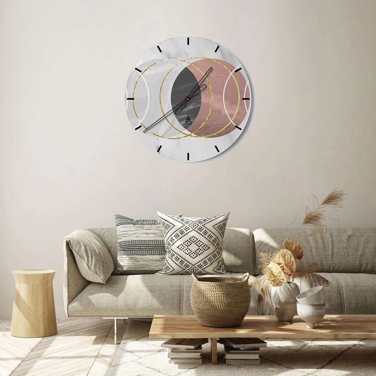 Zegar ścienny - Geometryczne koła w odcieniach szarości i miedzi ze złotymi akcentami - 30x30cm - Muzyka sfer - Nowoczesna dekoracja ścienna do salonu, kuchni i sypialni ARTTOR