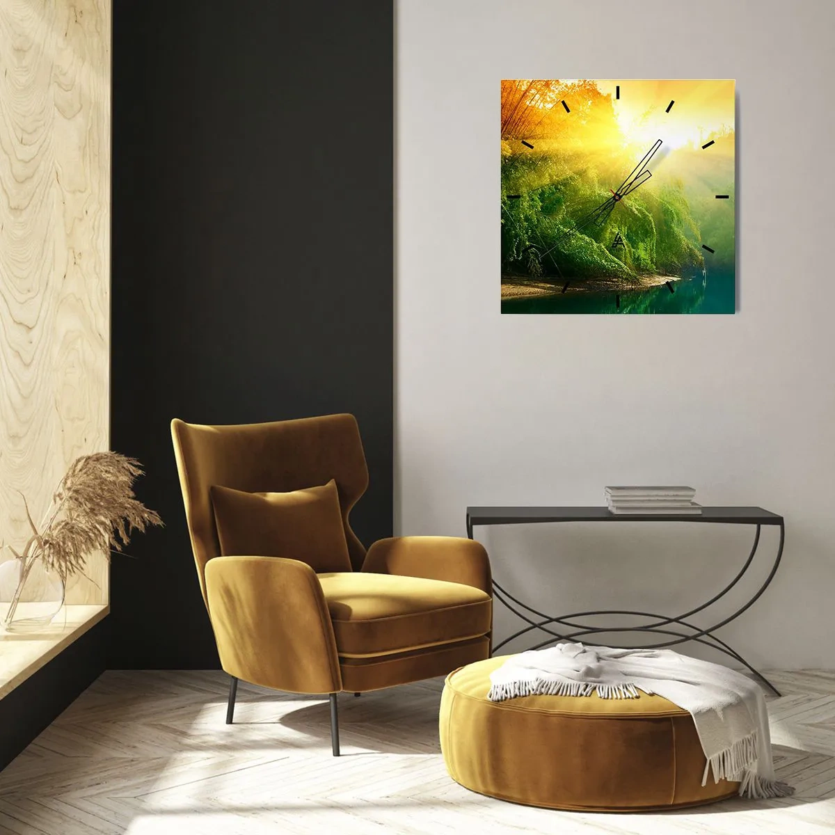Zegar ścienny - Zielony las nad rzeką oświetlony promieniami wschodzącego słońca - 30x30cm - Utonąć w słońcu i w cieniu - Nowoczesna dekoracja ścienna do salonu i sypialni ARTTOR