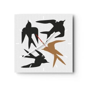 Zegar ścienny - Sylwetki jaskółek w czerni i złocie - 30x30cm - Jaskółcze zabawy - Nowoczesna dekoracja ścienna do salonu i sypialni ARTTOR