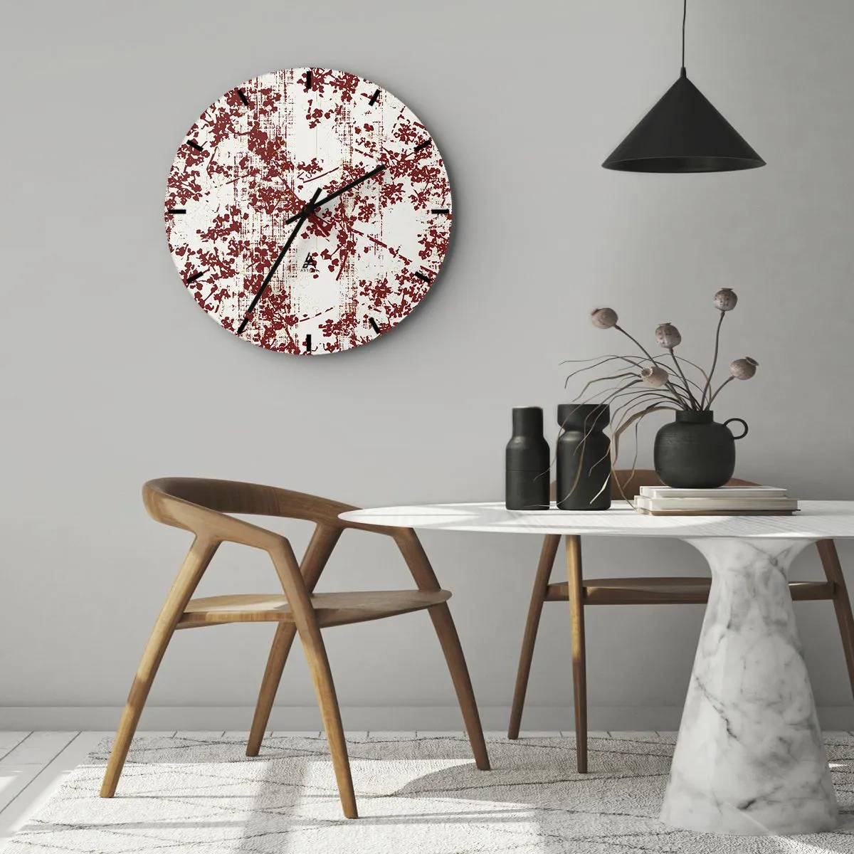 Zegar ścienny - Czerwony roślinny wzór na białym tle w stylu vintage - 30x30cm - Jak dawny perkalik - Nowoczesna dekoracja ścienna do salonu, kuchni i sypialni ARTTOR