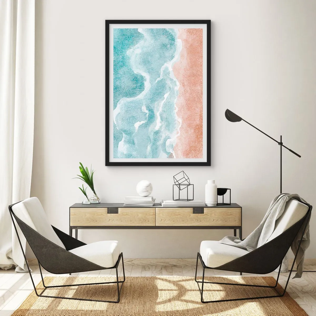 Plakat w czarnej ramie - Fale oceanu spotykające się z piaszczystą plażą - 50x70cm - Abstrakcja obłoczna - Nowoczesna dekoracja ścienna do salonu i sypialni ARTTOR