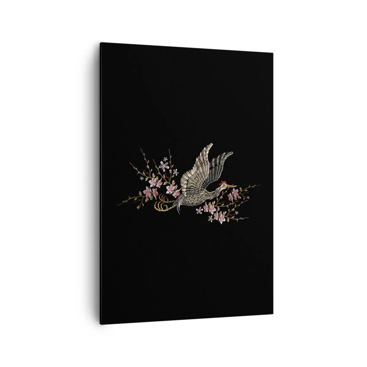 Obraz na płótnie - Ptak w locie z kwiatami na czarnym tle - 70x100cm - Egzotyczny, haftowany ptak - Nowoczesna dekoracja ścienna do salonu i sypialni ARTTOR