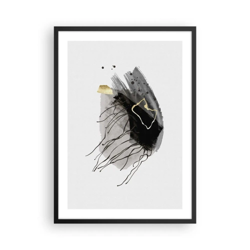 Plakat w czarnej ramie - Abstrakcyjna kompozycja w czerni, szarości i złotych akcentach - 50x70cm - W czerni i w złocie - Nowoczesna dekoracja ścienna do salonu i sypialni ARTTOR