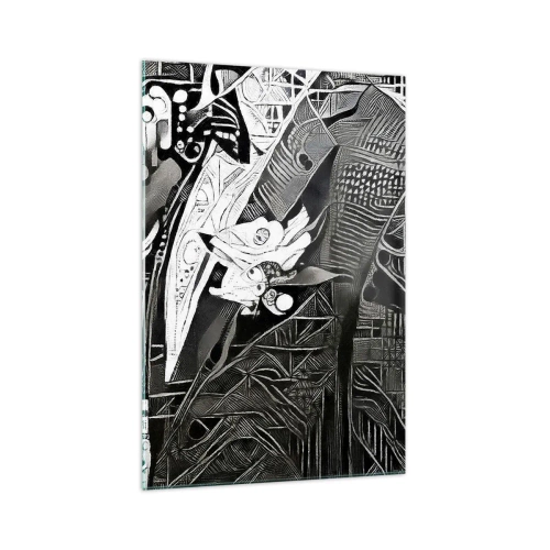 Obraz na szkle - Elegancka abstrakcja z mężczyzną w garniturze w czerni i bieli - 70x100cm - Tylko na pozór szary człowiek - Nowoczesna dekoracja ścienna do salonu i sypialni ARTTOR