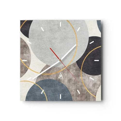 Zegar ścienny - Geometryczne okręgi w odcieniach szarości, błękitu i złota - 30x30cm - Koło za kołem - Nowoczesna dekoracja ścienna do salonu i sypialni ARTTOR
