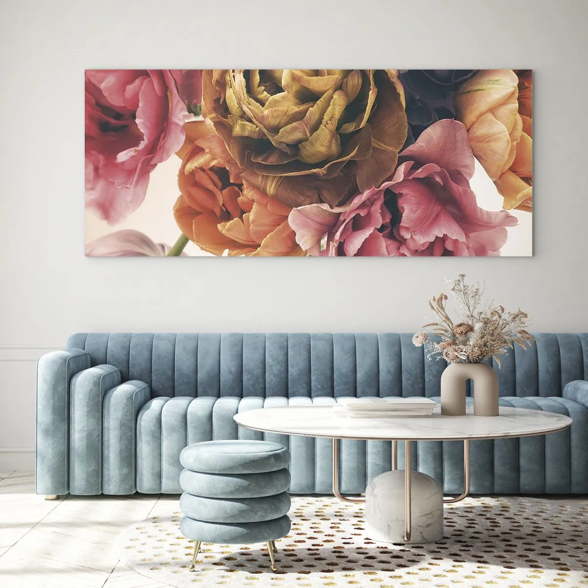 Obraz na szkle - Bukiet różnorodnych kwiatów w intensywnych barwach - 140x50cm - Święto życia - Nowoczesna dekoracja ścienna do salonu i sypialni ARTTOR