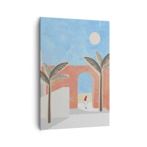 Obraz na płótnie - Minimalistyczna ilustracja architektury z palmami w pastelowych kolorach - 70x100cm - Arabski dzień - Nowoczesna dekoracja ścienna do salonu i sypialni ARTTOR