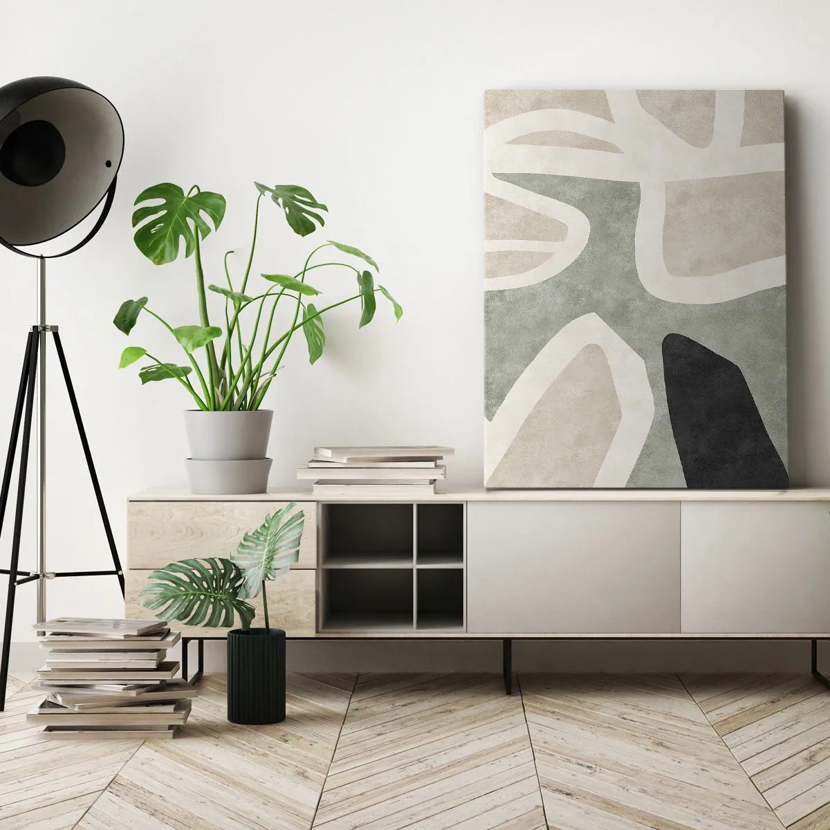 Obraz na płótnie - Abstrakcyjne kształty w stonowanych barwach - 70x100cm - Kompozycja z motywem czerni - Nowoczesna dekoracja ścienna do salonu i sypialni ARTTOR