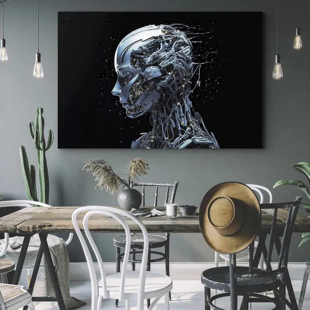 Obraz na płótnie - Futurystyczny portret cyborga w industrialnym stylu na czarnym tle - 70x50cm - Technologia jest kobietą - Nowoczesna dekoracja ścienna do salonu i sypialni ARTTOR