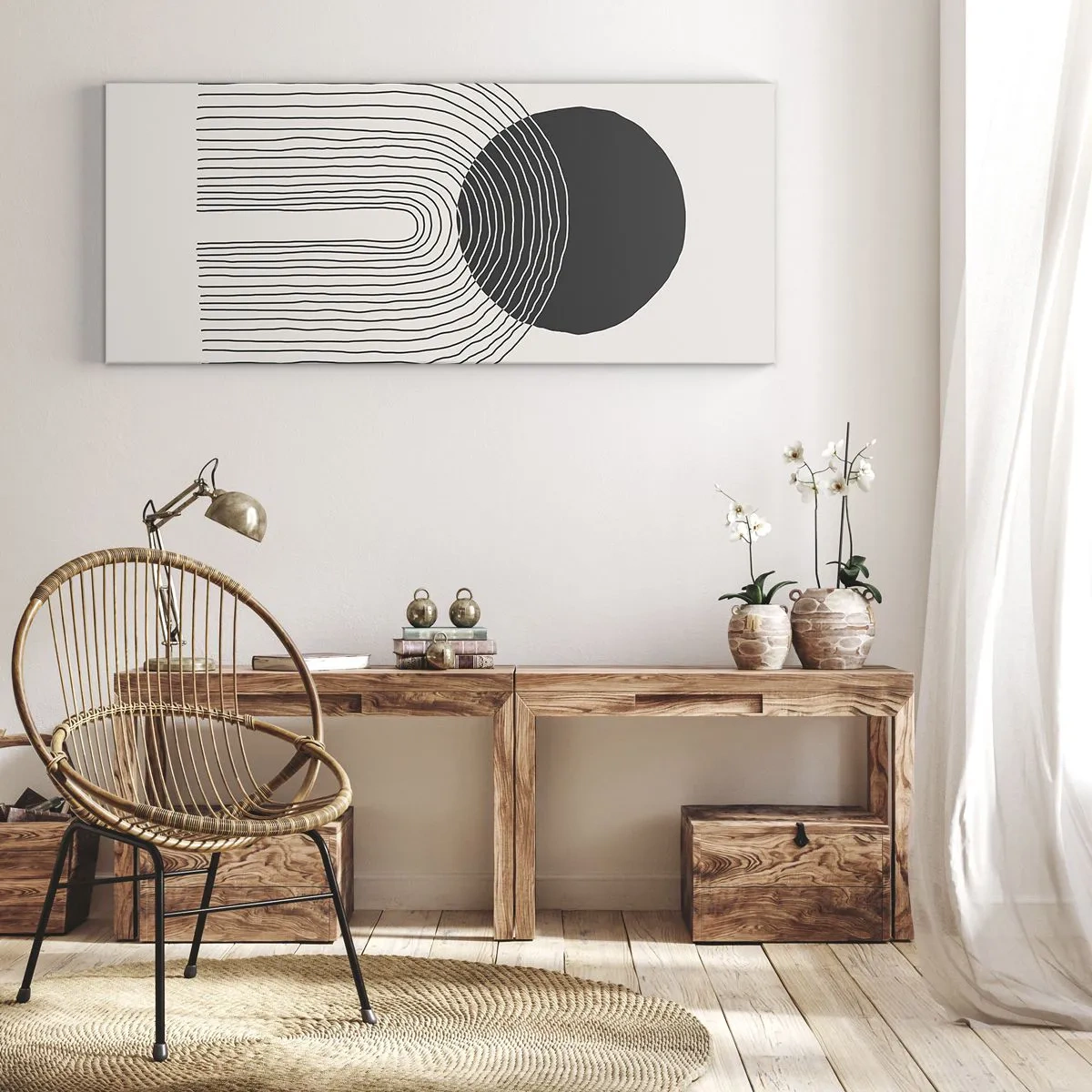 Obraz na płótnie - Abstrakcyjny wzór z liniami i czarnym kołem na jasnym tle - 160x50cm - Drżenie i pewność - Nowoczesna dekoracja ścienna do salonu i sypialni ARTTOR