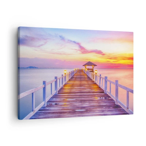 Obraz na płótnie - Pomost nad wodą o zachodzie słońca w pastelowych barwach - 70x50cm - Liliowo-złota cisza wieczoru - Nowoczesna dekoracja ścienna do salonu i sypialni ARTTOR